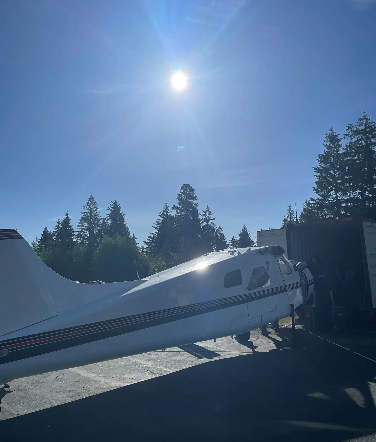 A light aircraft stands at the open doors of a shipping container at the edge of a fir forest, backlit by a high sun